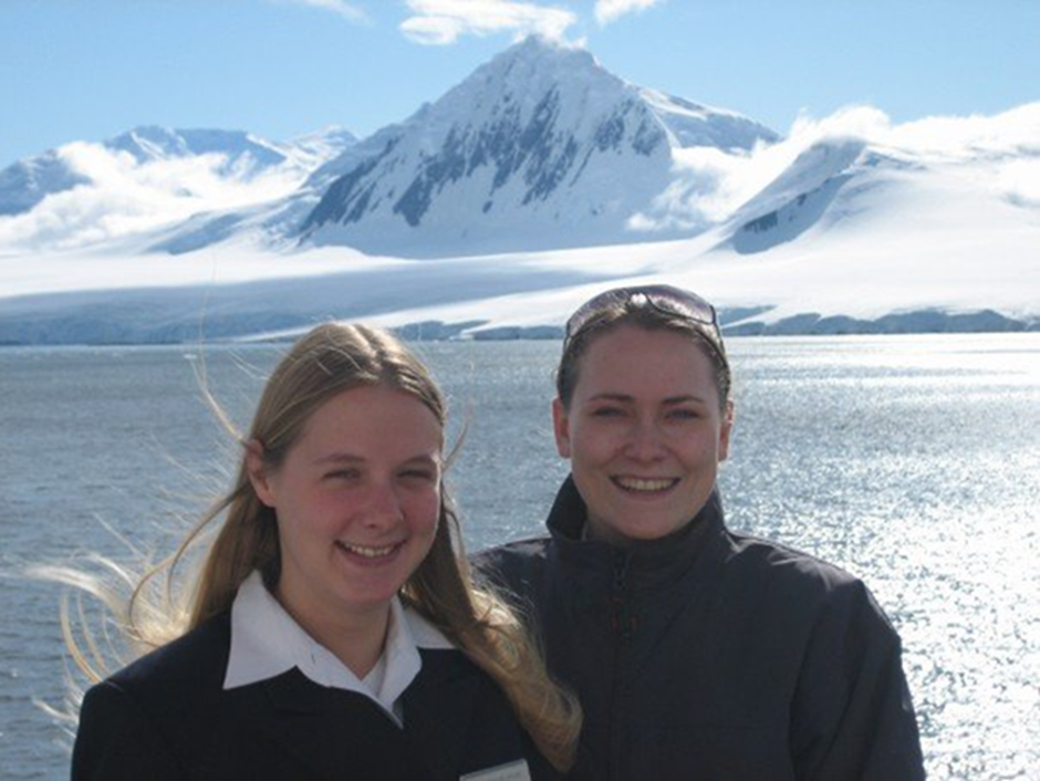 Emily and a fellow cadet stood in front of snowy mountains | Career at sea