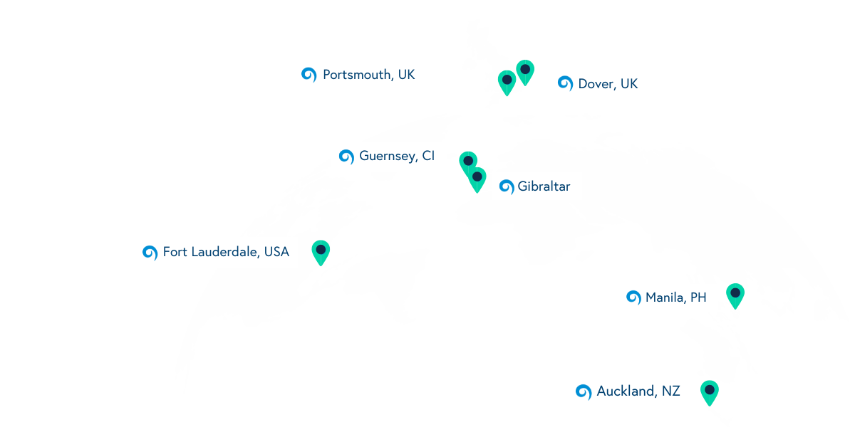 graphic of the globe with hotspots on each office location; Dover, Portsmouth, Auckland, Fort Lauderdale, Gibraltar, Auckland.